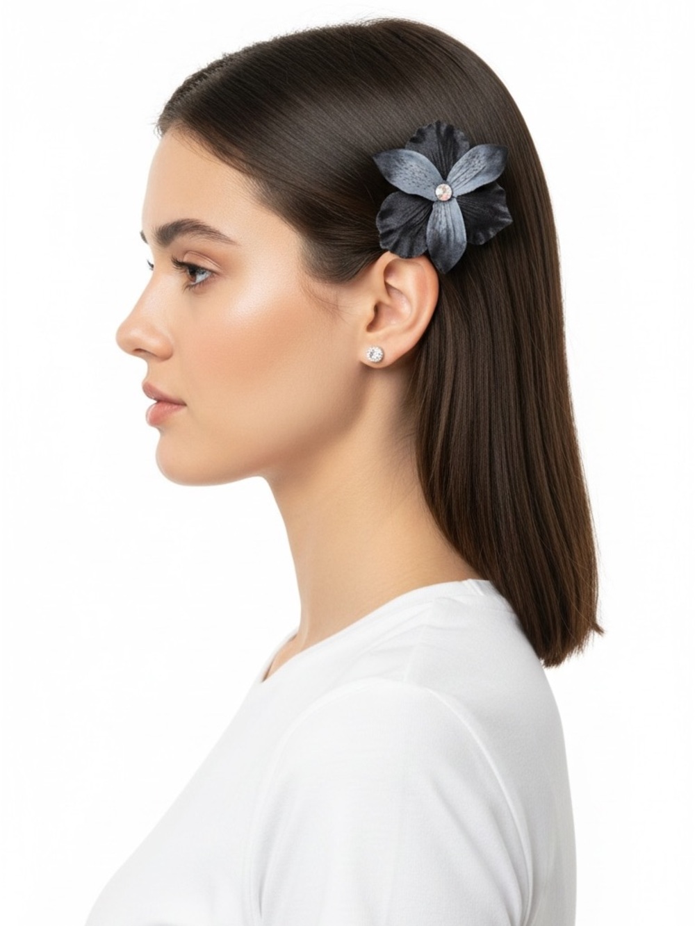 Black Charcoal Gray Orchid Floral Aurora Borealis Rhinestone Alligator Hair Clip